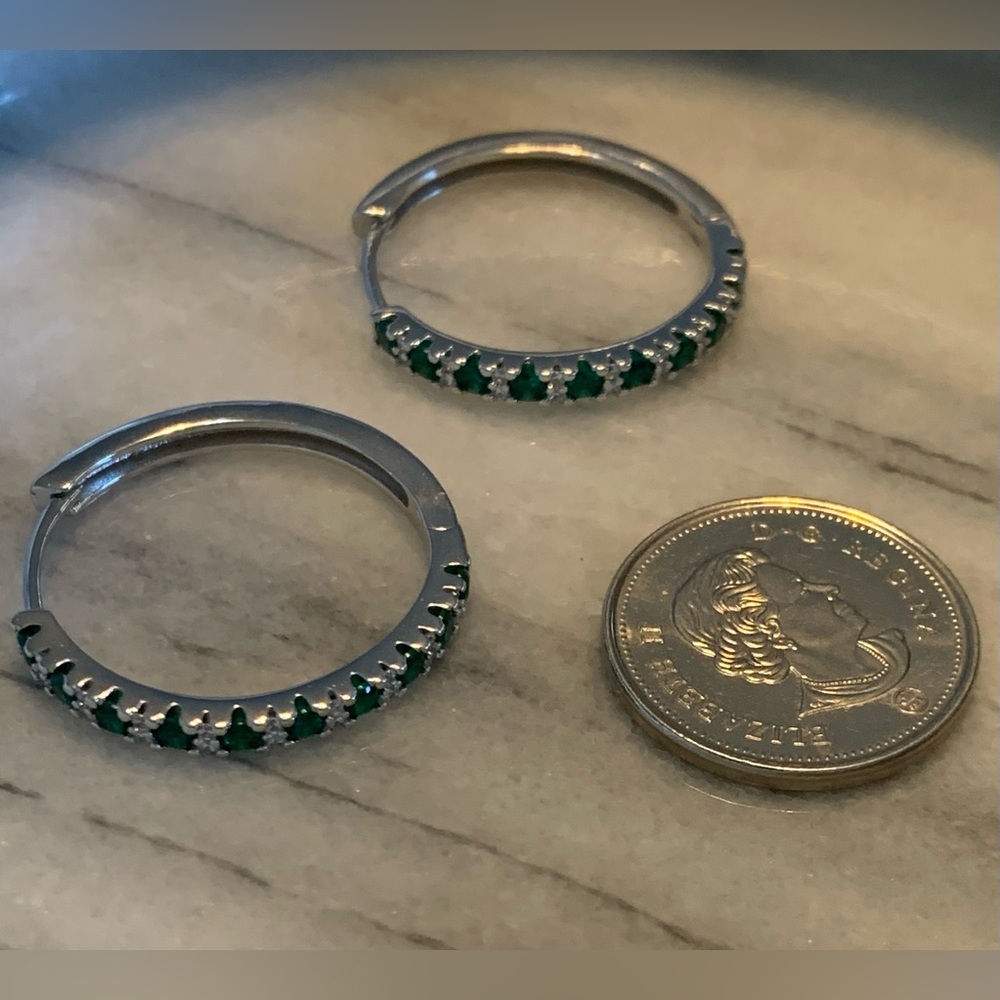 Silver .925 Plated and Green Cubic Zirconia Hoop Earrings - Picture 5 of 6
